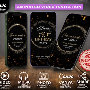 Schwarz Gold Glitter Einladung zum 50. Geburtstag | Festliches Funkeln Virtuelles Video einladen | Bearbeitbare digitale E-Card | Sofort Download
