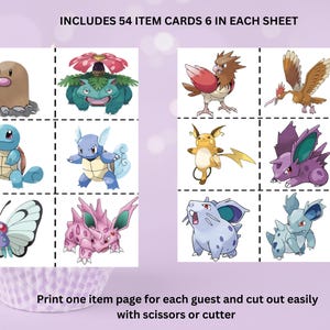 Pokémon scavenger hunt party favor game for birthdays and events. Includes 54 printable trainer cards and a 4-page checklist. Instant download digital game, ready to print and play. Great for Pokémon birthday parties, gamer scavenger hunts, and indoor or outdoor kids activities. Fun activity for Pikachu parties, Charizard themes, and Gotta Catch Em All celebrations. Perfect for kids who love Pokémon and want a treasure hunt-style birthday activity.