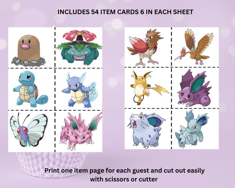 Pokémon scavenger hunt party favor game for birthdays and events. Includes 54 printable trainer cards and a 4-page checklist. Instant download digital game, ready to print and play. Great for Pokémon birthday parties, gamer scavenger hunts, and indoor or outdoor kids activities. Fun activity for Pikachu parties, Charizard themes, and Gotta Catch Em All celebrations. Perfect for kids who love Pokémon and want a treasure hunt-style birthday activity.