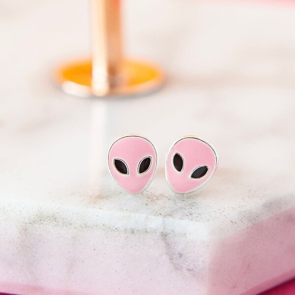 Alien Face Stud Earrings in 925 Sterling Silver, Fun & Quirky, 90s Pink, Extraterrestrial Jewellery, Gift for Sci-Fi Fans, Stocking Filler