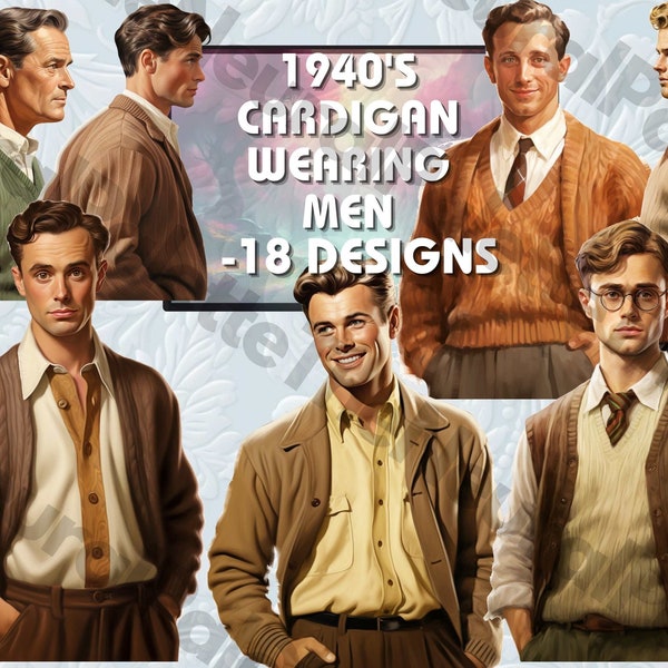 18, 1940's Men Clipart, Sweater Cardigan, Retro, Instant Download, Commercial Use, High Quality PNG Bundle, Vintage Crafts, Scrapbook