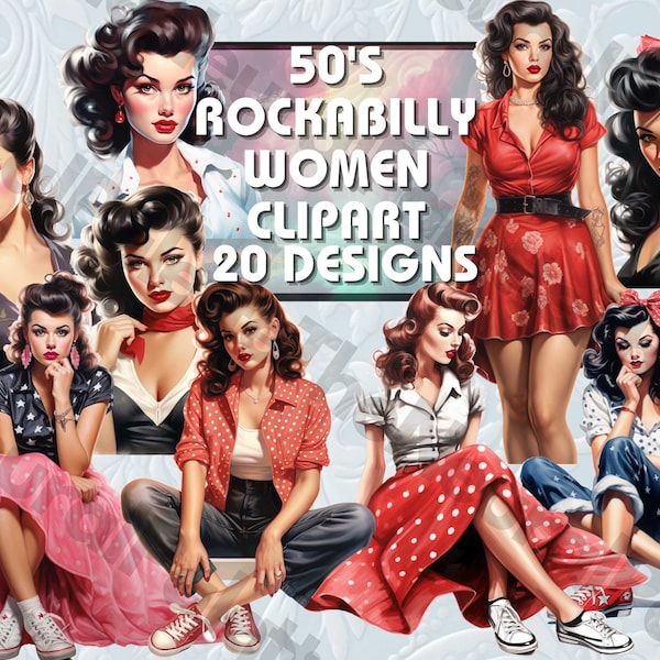 20, Rockabilly Women Clipart, 1950's Clipart, Retro PNG Bundle, Transparent Background Clipart, Commercial Use, Vintage Clipart, Scrapbook