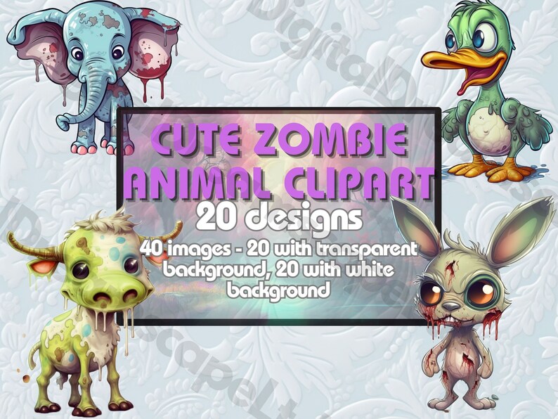 20 Designs Cute Zombie Animal Clipart Cartoon Etsy