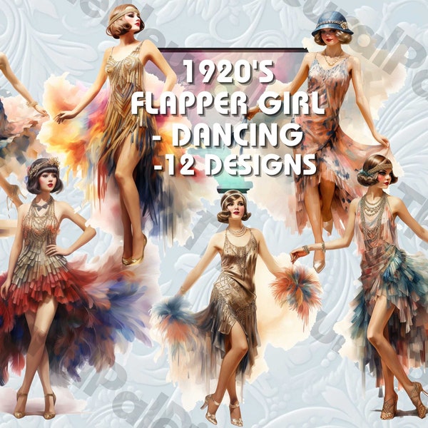 12, 1920's Dancing Flapper Girl Clipart, Vintage Women Clipart, Transparent Background PNG, Commercial Use, Card Making, Scrapbooking