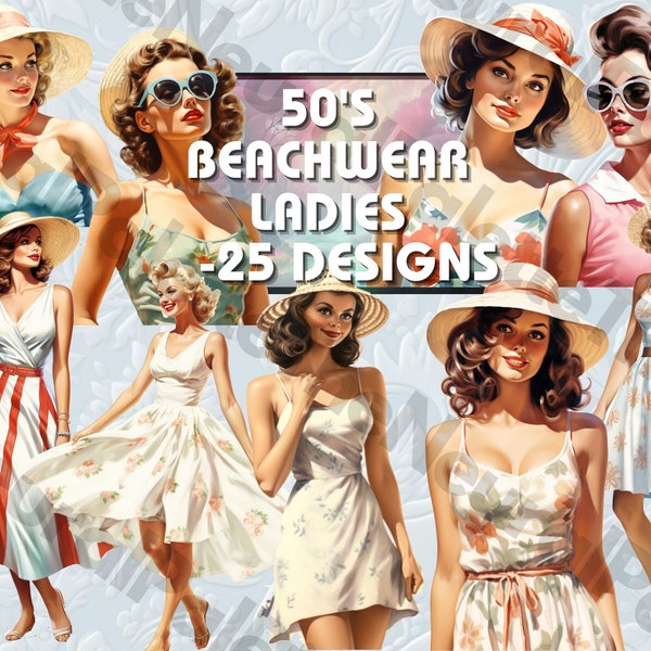 25, 50's Beach Ladies, Summer Clipart, Transparent Background PNG, 50's clipart bundle, Commercial Use, Scrapbooking, Junk Journalling
