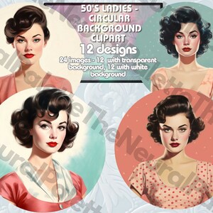 12, 50's Women Clipart, Retro Images, Transparent Background PNG Bundle