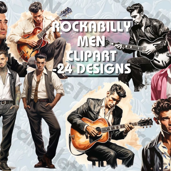 24, Rockabilly Men Clipart, Transparent Background PNG Bundle, Commercial Use, Junk Journalling, Scrapbooking, 50's Clipart, Retro Art