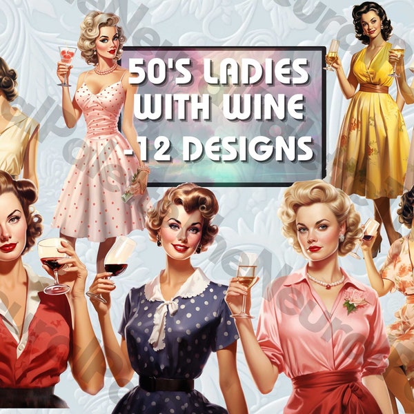12, 50's Ladies Clipart, Vintage Bundle, Transparent Background PNG, Commercial Use, Instant Download, Retro Clipart, 50's Housewife