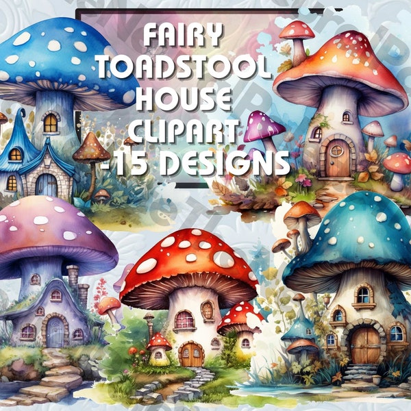 15, Fairy Toadstool Clipart Images, Fairy House, Transparent Background PNG Bundle, Commercial Use, Instant Download, Junk Journal