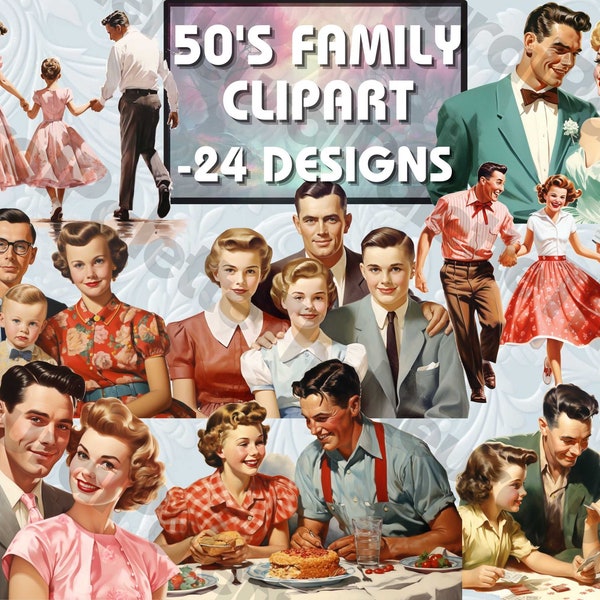 24, 50's Family Clipart Bundle, Retro Clipart, Transparent Background PNG, Commercial Use, Vintage Wall Art, Scrapbooking, Card Making