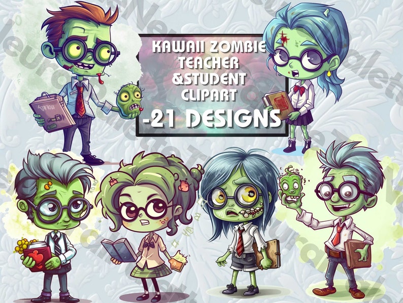 21, Kawaii Zombie Teacher Clipart, Zombie Student Clipart, Commercial ...