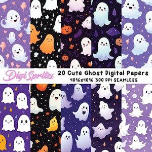 20 Cute Ghost Digital Papers, Halloween, Seamless, trick-or-treat scrapbook papers, spooky, boo wallpaper, background, decoration, repeating