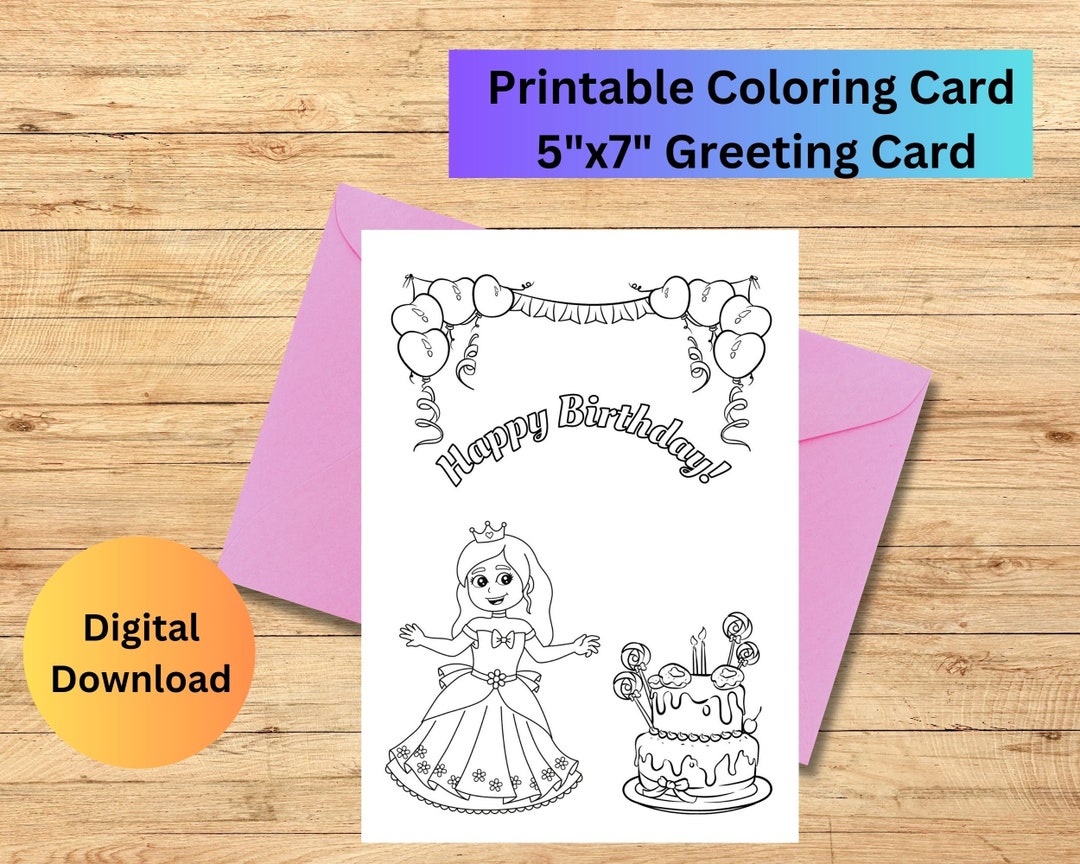 Happy Birthday Princess Printable Coloring Cards/digital Printable ...