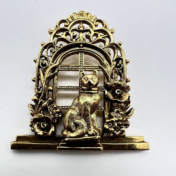 1928 Jewelry Co. Gold Tone Cat In Window Brooch P… - image 1