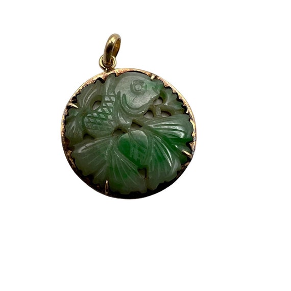 14K Yellow Gold Jadeite Carved Coy Fish Charm Pen… - image 10