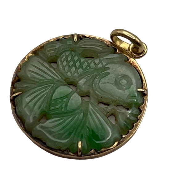 14K Yellow Gold Jadeite Carved Coy Fish Charm Pen… - image 9