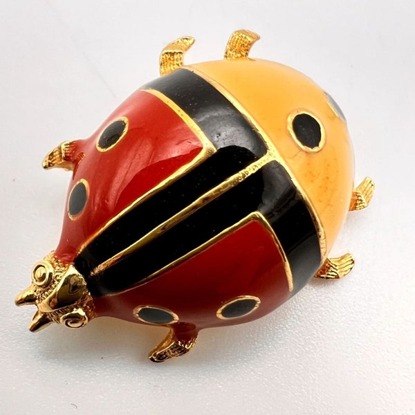 Vintage Ladybug Red Yellow Black Tuxedo Coat Gold Tone Brooch 1.25 Inch 8g