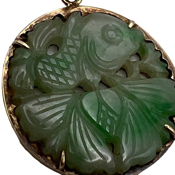 14K Yellow Gold Jadeite Carved Coy Fish Charm Pen… - image 7