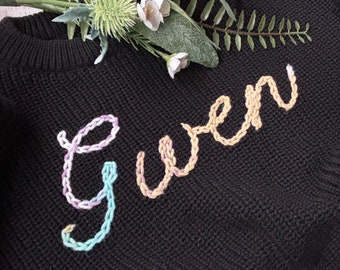 Hand embroidered personalised knit jumper