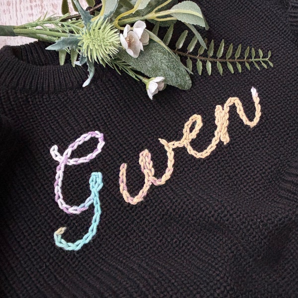 Hand embroidered personalised knit jumper