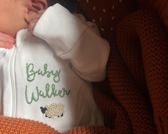 White Zip Up Personalised Hand Embroidered Babygrow Romper: Zipper Sleepsuit