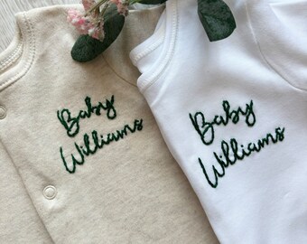 Personalised hand embroidered baby grow sleepsuit footie romper Baby Name