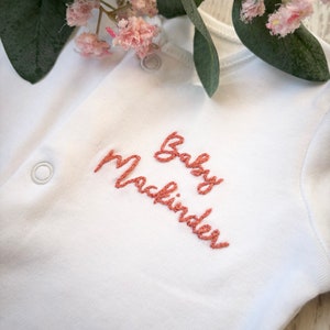 Personalised hand embroidered baby grow sleepsuit footie romper Baby Name