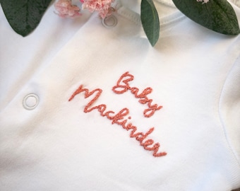Personalised hand embroidered baby grow sleepsuit footie romper Baby Name