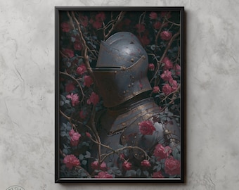 Gothic Knight and Roses Art Print, Medieval Armor, Dark Academia (Digital Download)