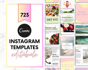 723 個の Instagram テンプレート、編集可能な Canva テンプレート バンドル、Instagram テンプレートの投稿とストーリー。