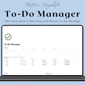 Könnte beinhalten: Ein Screenshot einer Notion To-Do Manager-Vorlage auf einem Laptop. Die Vorlage enthält eine Checkliste, eine Tabelle mit Spalten für Aufgabe, Bereich, Priorität, Status und Fälligkeit sowie ein grünes Häkchen-Symbol.