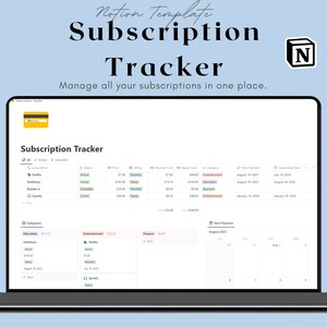 Könnte beinhalten: Ein Screenshot einer Notion-Vorlage für einen Abonnementstracker. Die Vorlage enthält eine Tabelle mit Spalten für den Abonnementnamen, den Status, den Preis, die Rechnungsfrequenz, die Kategorie, das Datum der nächsten Zahlung und das Datum des Abonnementsendes. Die Vorlage enthält auch eine Kalenderansicht, um bevorstehende Zahlungen zu verfolgen.
