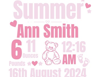 Birth Stats Embroidery Design, Baby Announcement Template (Instant Download)
