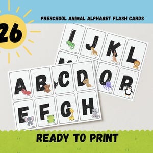 Dierenalfabet Flash-kaarten, kaarten leren, thuisonderwijs, 26 kaarten, direct downloaden, peuter- en kleuterschool, educatieve kaarten, ABCS leren