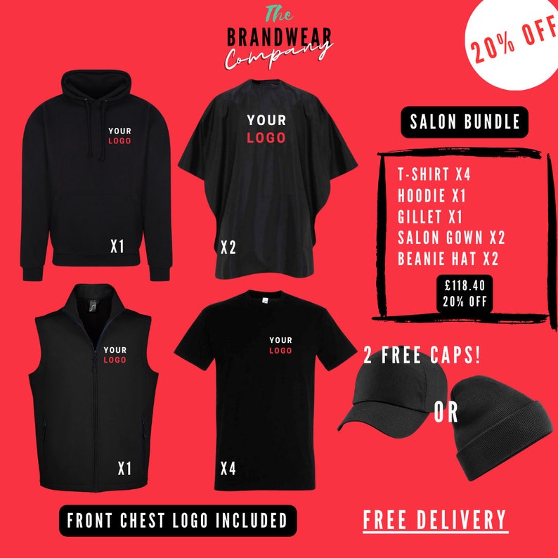 Personalised Salon Bundle, Branded Logo Hoodies, Caps, Beanies, Gillet ...