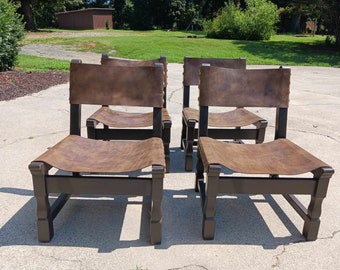 1970s Vintage Spanish Wooden Leather Strap Cocktail Chairs Set of 4