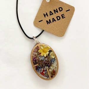 Handmade Wood Resin Pendant: Pressed Wildflower Necklace