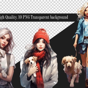 Girl With a Dog Clipart, Cute Dog Illustration, Watercolor Dogs, Dogs Lovers Print, Commercial, Girl and Dog Clipart, Cute Girl Graphics
