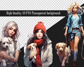Girl With a Dog Clipart, Cute Dog Illustration, Watercolor Dogs, Dogs Lovers Print, Commercial, Girl and Dog Clipart, Cute Girl Graphics