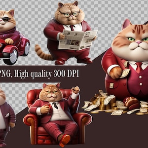 Gato de negocios Clipart / Gatos lindos PNG / Gato rico / Gato rojo alegre