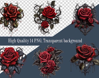 Clipart Gothic Roses Black Fantasy Floral Garden PNG Clip Art Rose Flowers Scrapbook PNG Bundle Commercial Use Instant Download