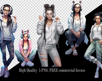 Fashion Girl with Headphones Clipart: PNG Illustration (Digital Download)