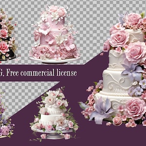 Hochzeitstorte Clipart-Set, Aquarell Dessert, Banner mit Blumen, klassischer Kuchen, Hochzeitsmenü, digitales Scrapbooking, Einladung DIY