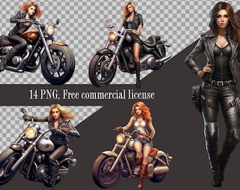 Biker Girl Clipart: Female Motorcyclist in Leather (PNG Digital Download)