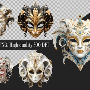 Venezianische Masken Clipart Set - digitale Masken Illustration für Einladungen, Scrapbooking, Sofort Download PNG Dateien - Karneval Masken