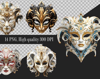 Clipart di maschere veneziane: illustrazioni di maschere in maschera (download digitale)