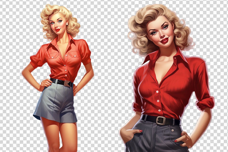 Retro Pin up Girls Clipart Bundle Transparent PNG Pretty Etsy