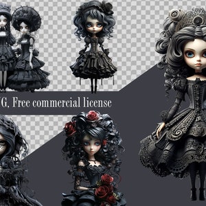Gothic Doll Clipart, Dark Fantasy Doll Clip Art, Victorian Girl PNG Bundle, Scrapbook, Junk Journal, Digital Download