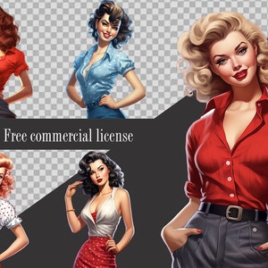 Retro Pin Up Girls Clipart Bundle, transparent PNG, Pretty girl vintage, Paper craft, Junk Journal Scrapbooking, Commercial Use