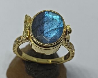 Anillo de veneno secreto de labradorita, pastillero de plata de ley 925 dorada